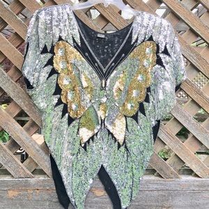Sequin top, butterfly design, gold and silver